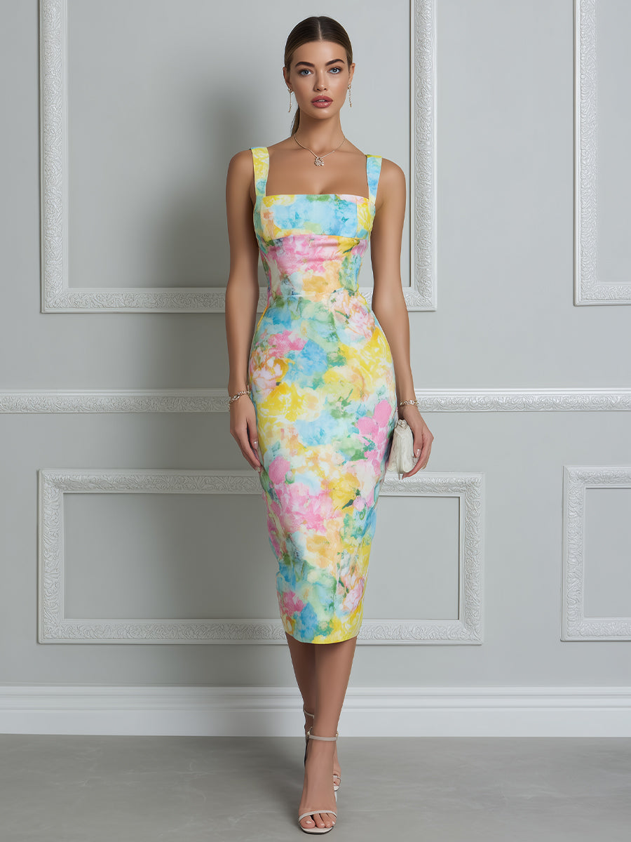 Pastel Watercolor Floral Sculpted Midi Dress