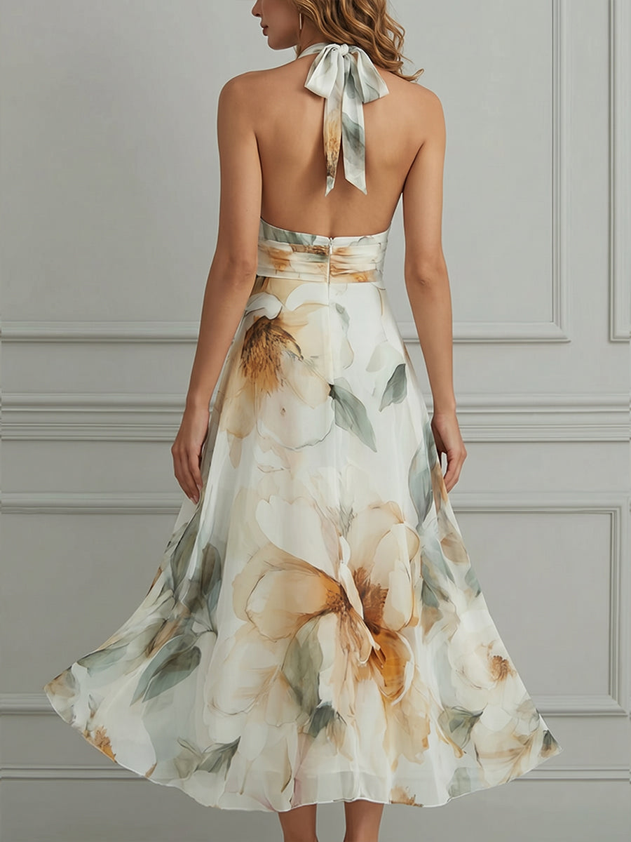 Halter Neck Floral Flowing Midi Dress