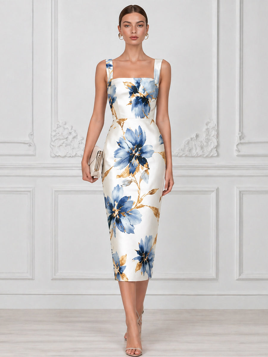 Square Neck Sleeveless Floral Sheath Midi Dress