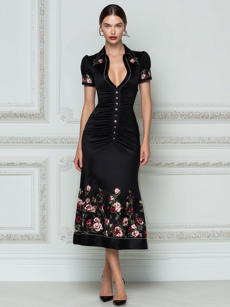 Ruched Button-Front Collared Floral Embroidery Fitted Midi Dress