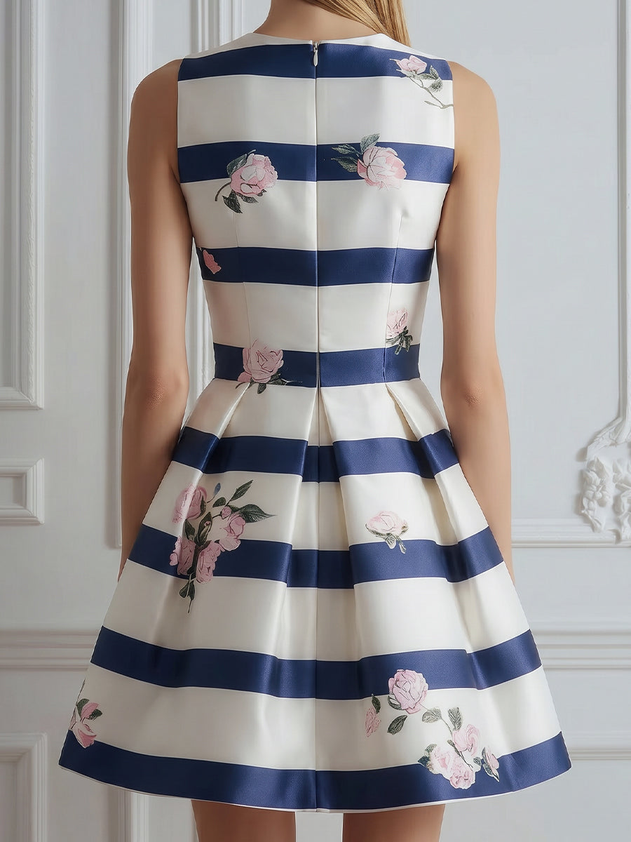 Sleeveless Striped Floral Fit And Flare Mini Dress