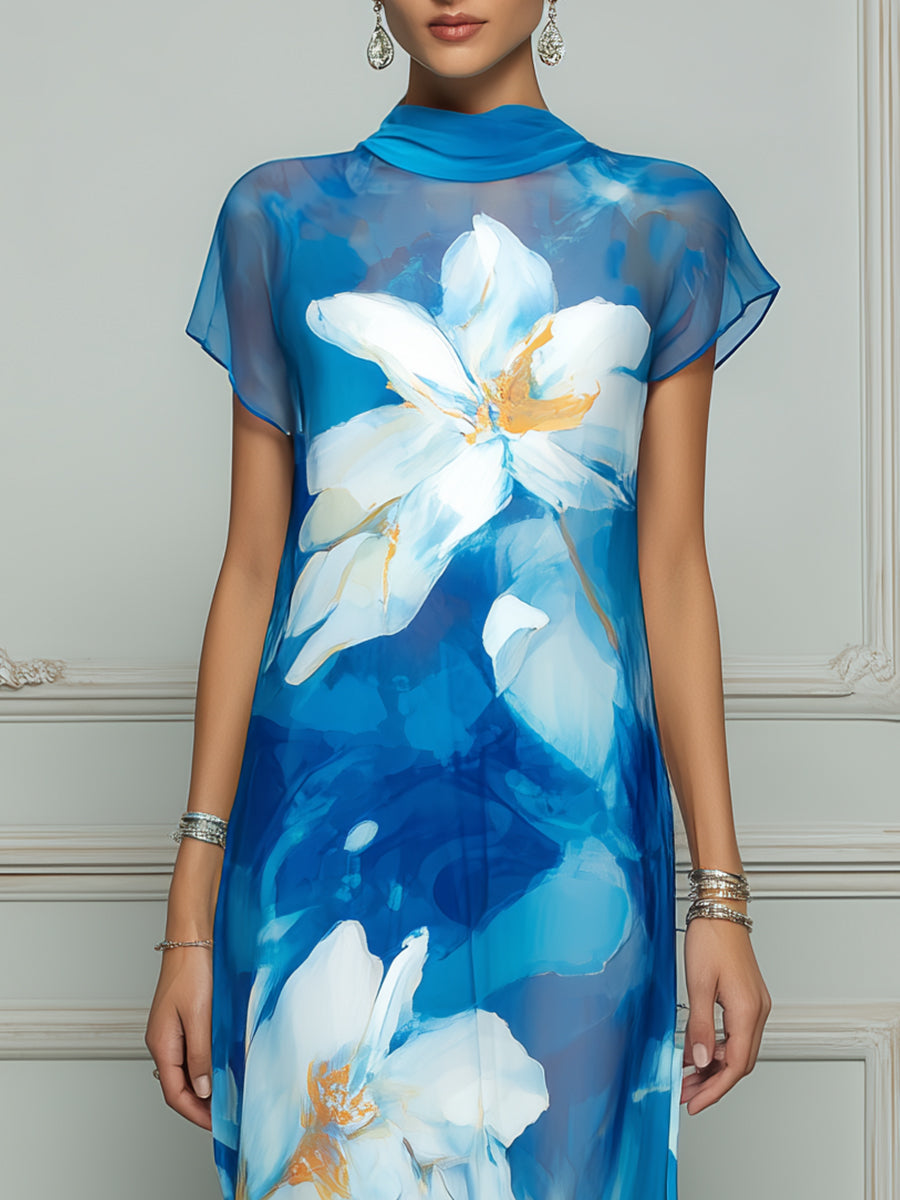 Elegant Watercolor Floral Sheer Maxi Dress