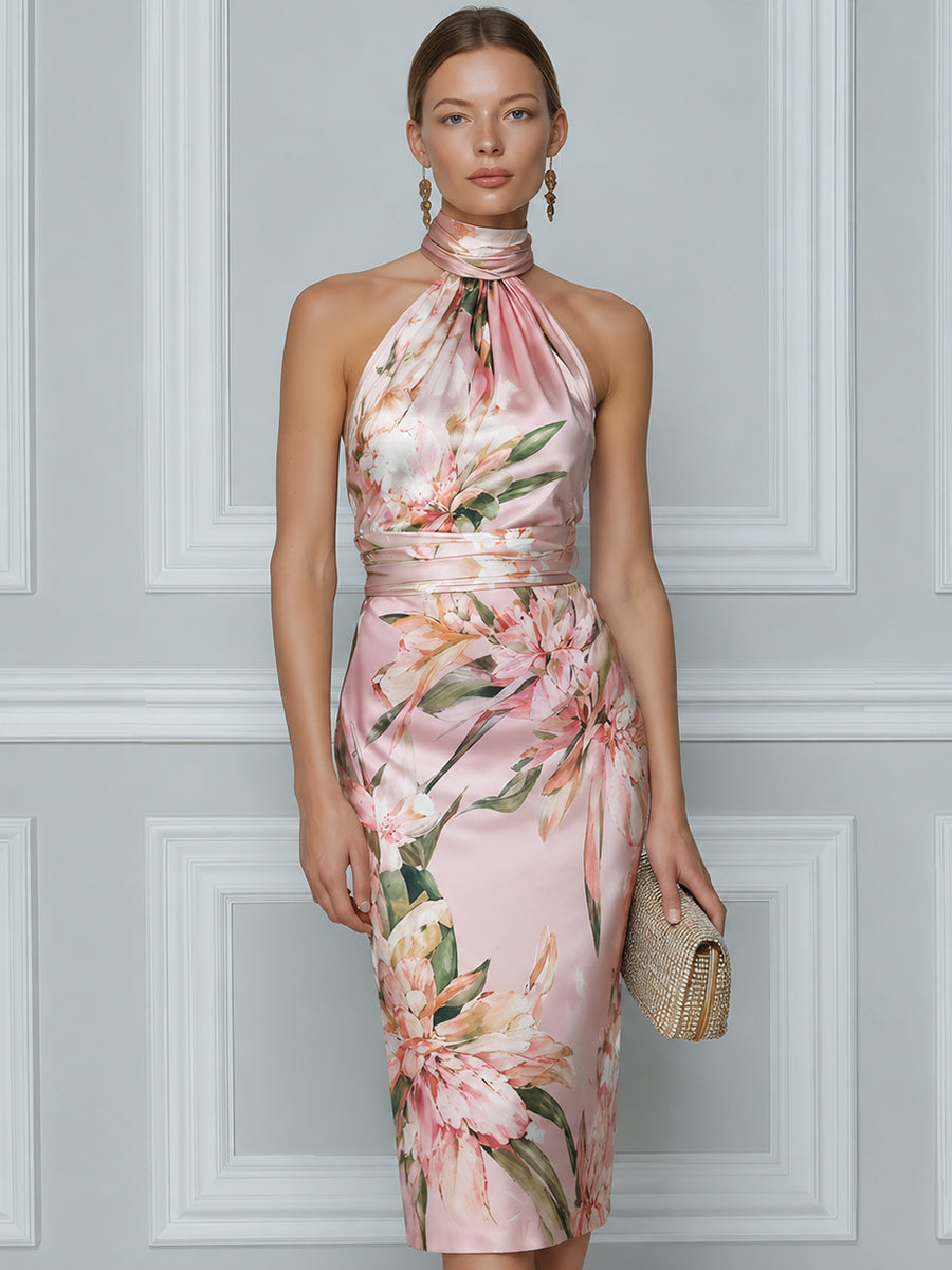 Halter Neck Floral Print Draped Waist Midi Dress