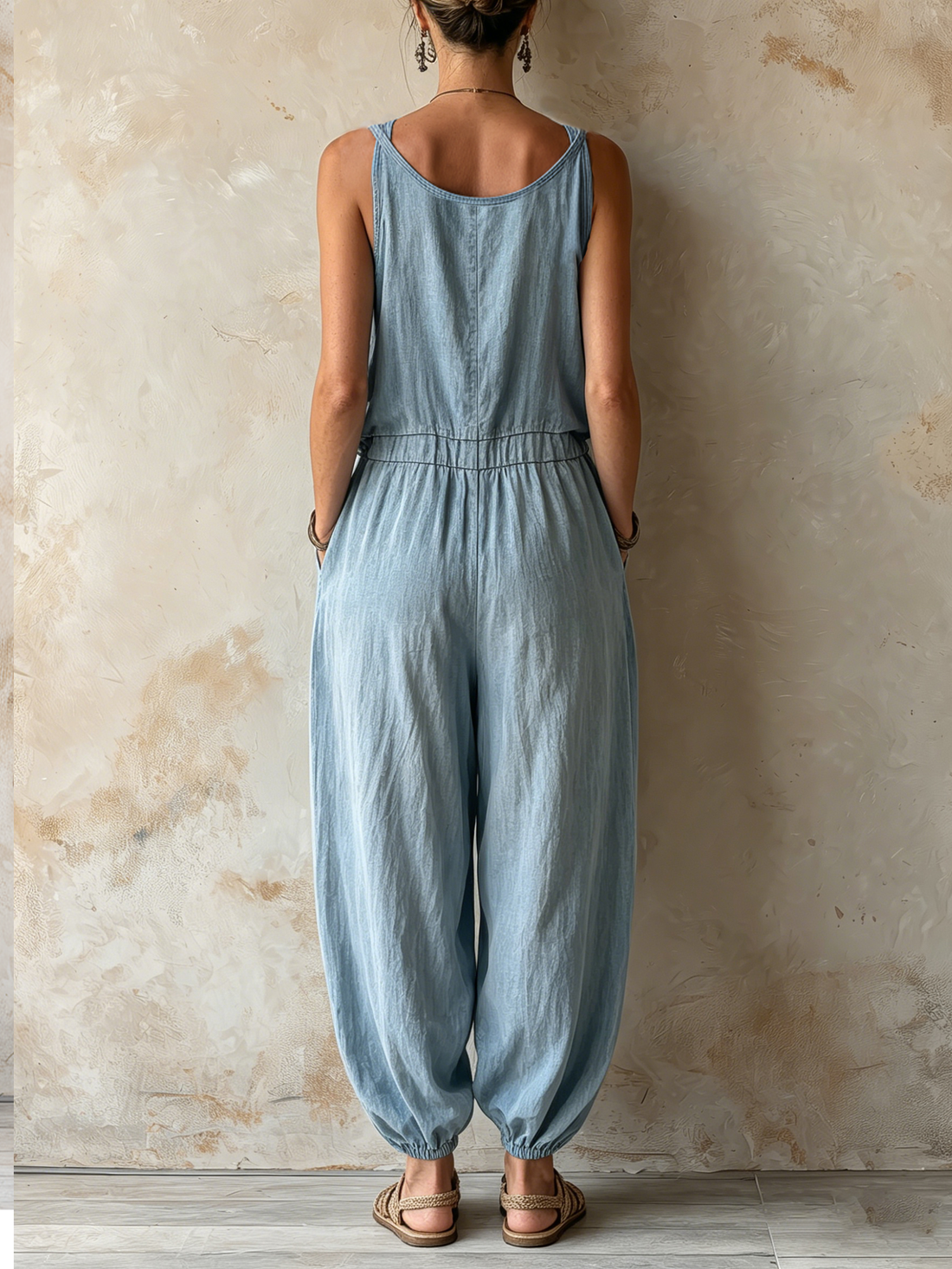 Light Blue Tencel Denim Sleeveless Harem Jumpsuit