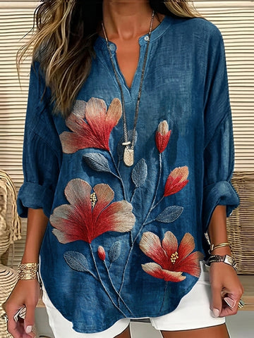 Women's Vintage Hibiscus Floral Print Casual Linen Shirt