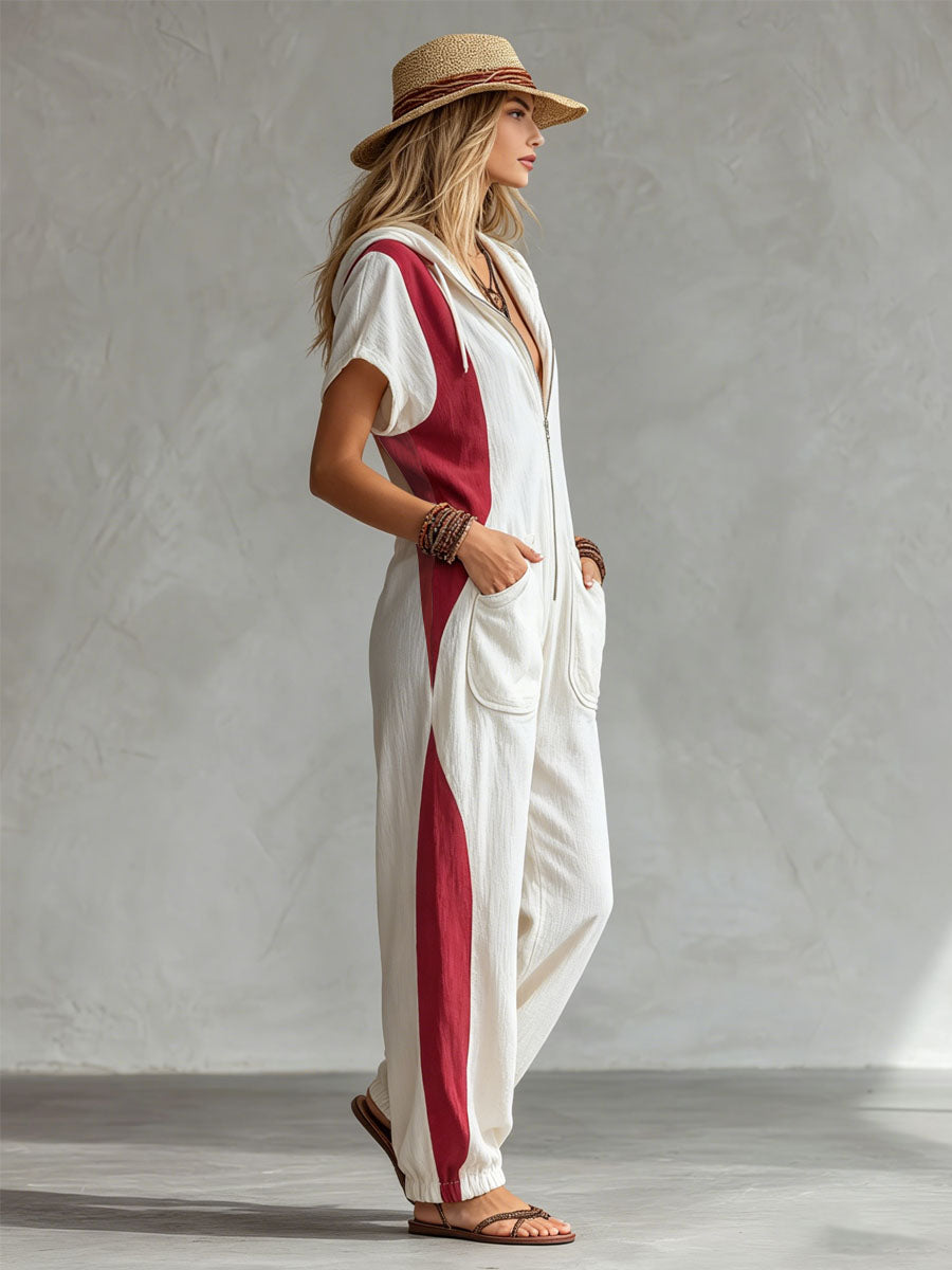 Hooded Zipper Color-blocked Cotton And Linen Short-sleeved Jumpsuit