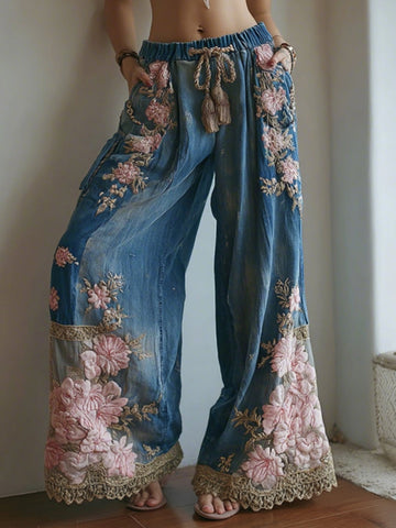 Women's Vintage Floral Embroidered Art Print Flowy Linen Blend Pants