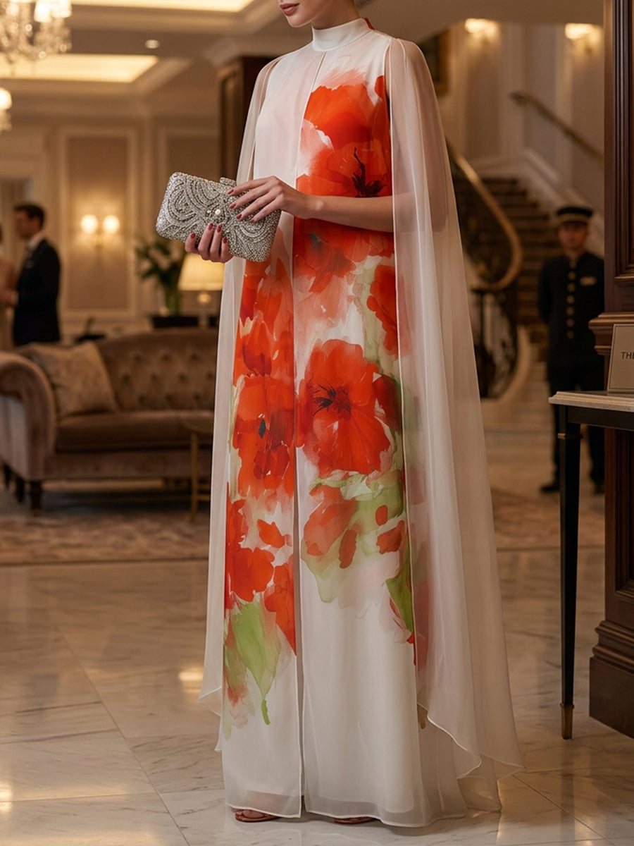 High-Neck Watercolor Poppy Print Cape-Sleeve Front-Slit Maxi Dress