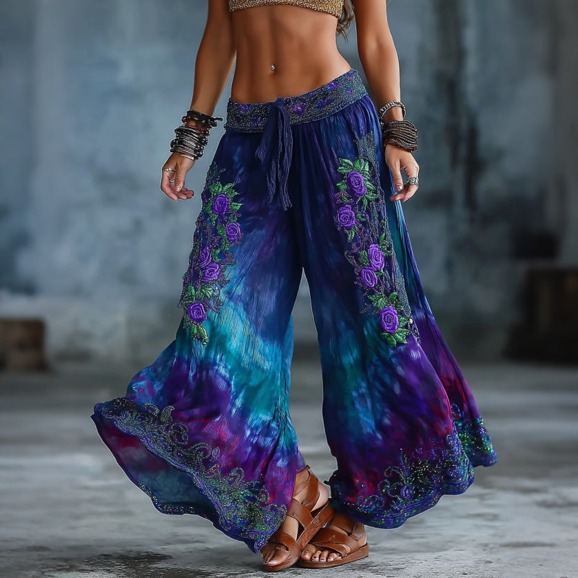 Women's Floral Art Embroidery Gradient Cotton Linen Pants