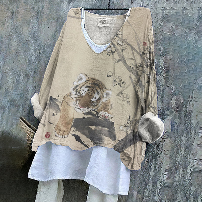 Women's Cute Tiger With Pear Blossom Art V-neck Linen Blend T-shirt