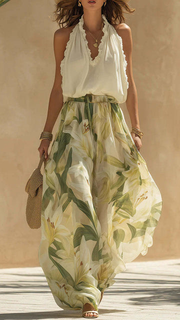 Women's Cotton-Blend Halter Ruffled Floral Wide-Leg Pants Set