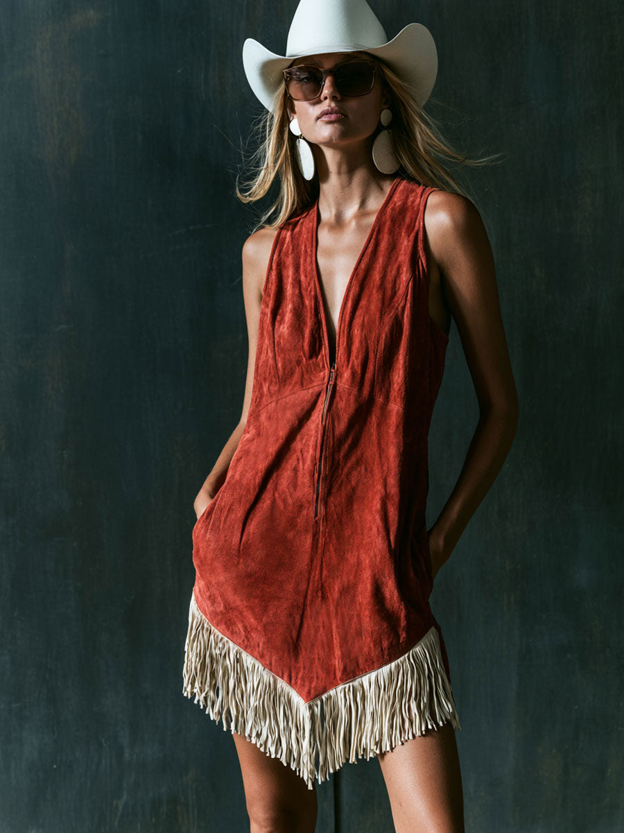 Western Retro Tassel Red Faux Suede Sleeveless Mini Dress