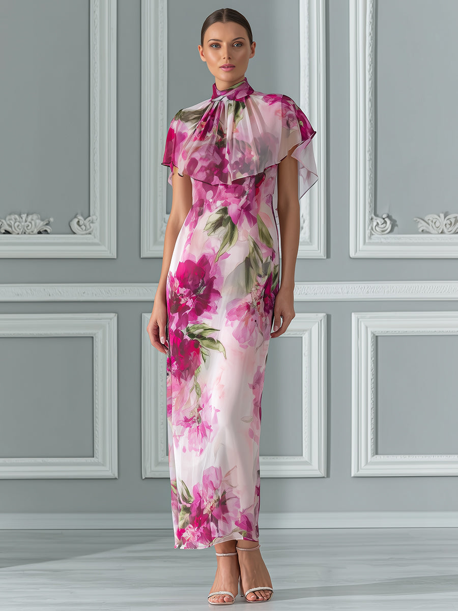 Floral Print Maxi Dress With Flutter Capelet