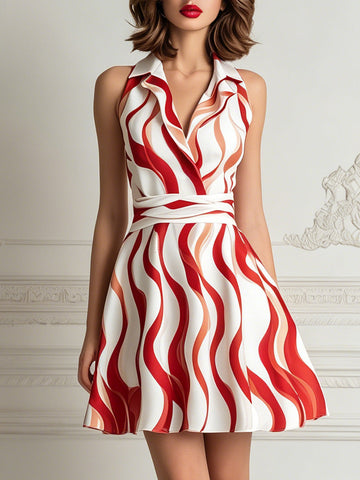 Red & White Abstract Wave Print A-Line Mini Dress