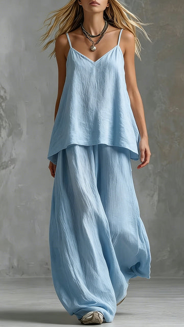 Women's Cotton-Blend Textured Cami and Wide-Leg Pants Set