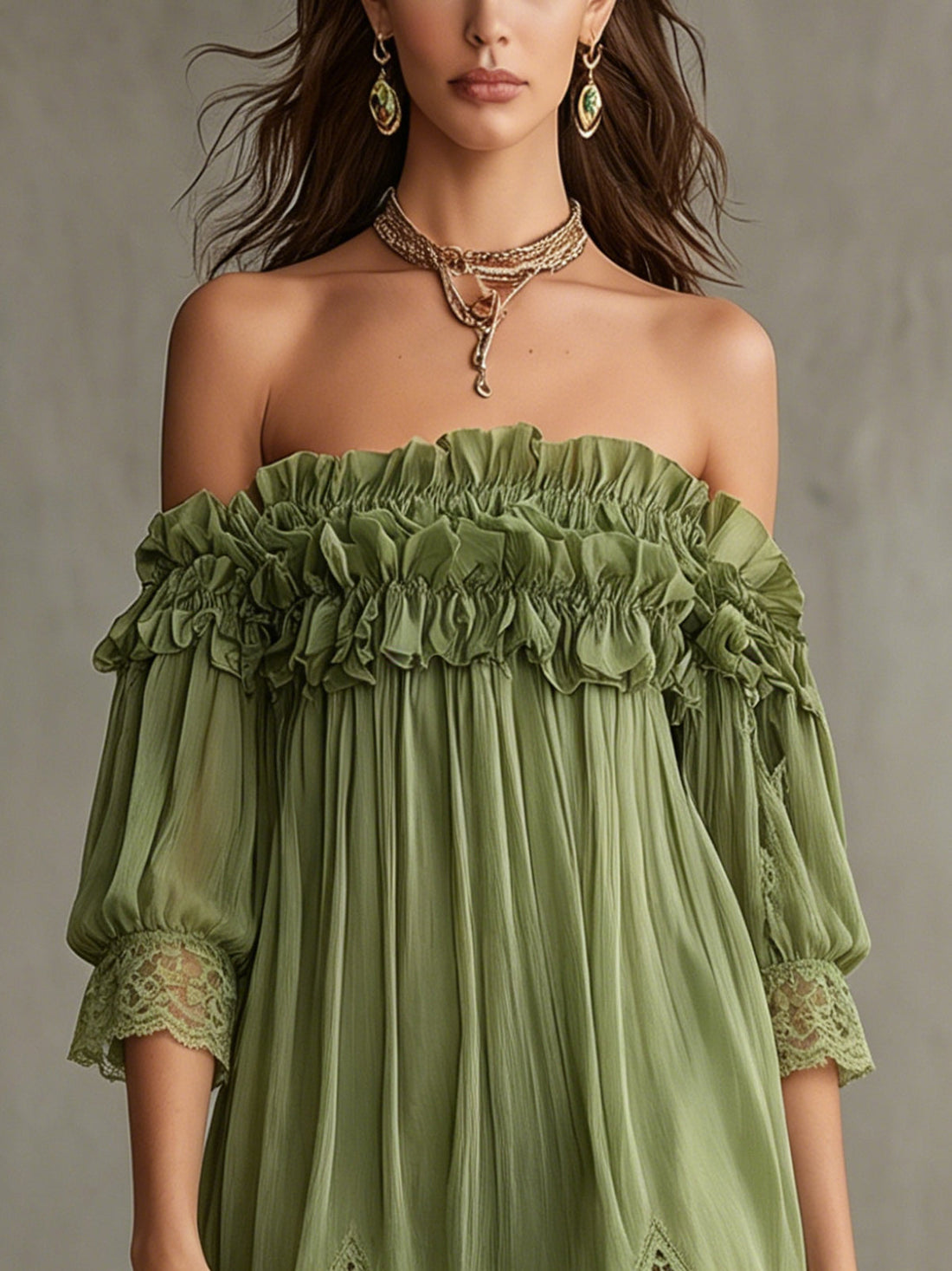 Green Off-Shoulder Mini Dress With Ruffled Bodice And Lace Hem