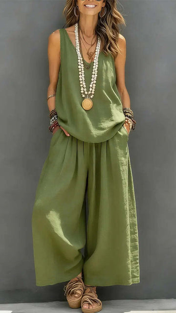 Women's Cotton Solid Color Sleeveless Loose Set