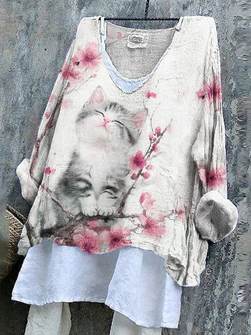Women's Cute Cat With Cherry Blossoms Ink Art V-neck Linen Blend T-shirt