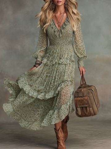 Vintage And Elegant V-neck Ruffled Leopard Print Chiffon Midi Dress