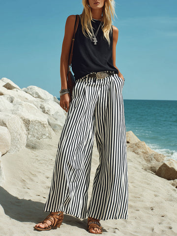 Casual Vacation Black Cotton Linen Sleeveless Vest And Black And White Vertical Striped Wide-Leg Pants Set