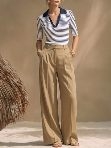 Sailing Vacation White And Blue Striped T-shirt And Khaki Trousers Set