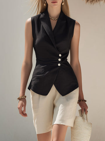 Casual Vacation Style White Button-down Black Cotton-linen Vest And Beige Shorts Set