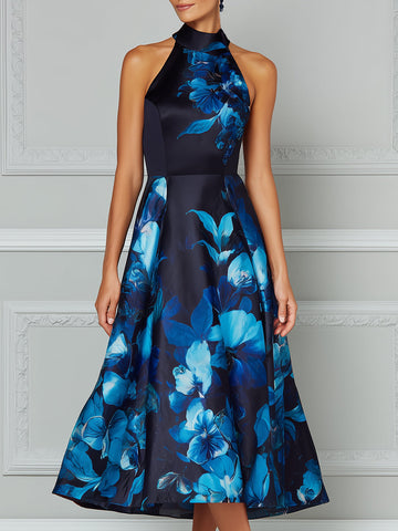 Halter Neck Floral Print A-Line Midi Dress
