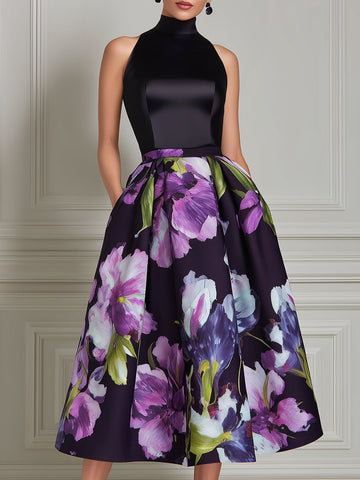 High Neck Floral Print Structured Midi Dress