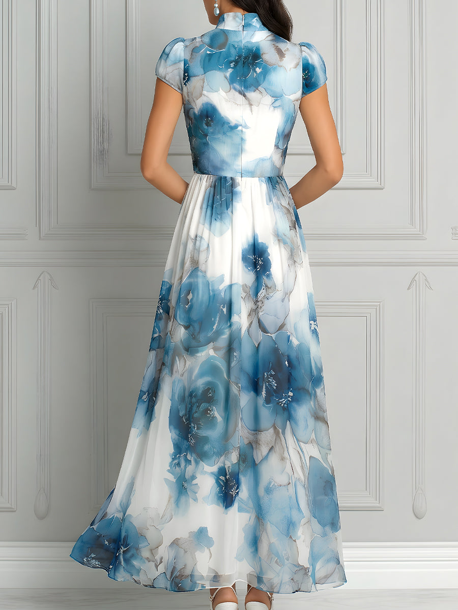 High Neck Watercolor Floral Print Maxi Dress