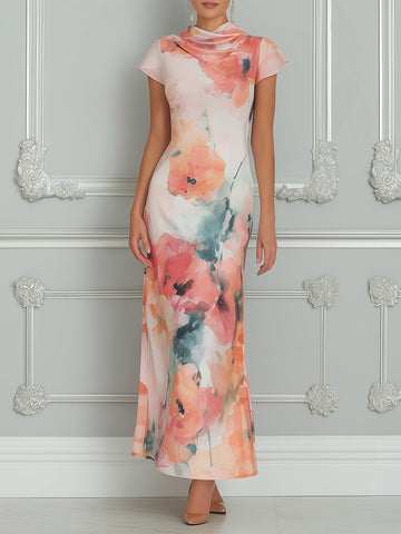 Watercolor Floral Cowl-Neck Maxi Dress