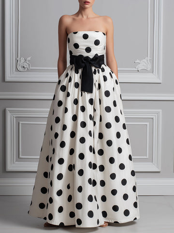 Strapless Polka Dot Bow Waist A-Line Maxi Dress