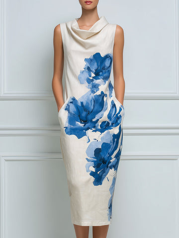 Sleeveless Cowl Neck Floral Print Sheath Midi Dress