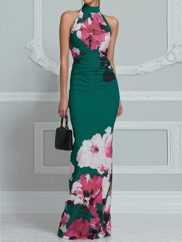 Halter Neck Ruched Waist Floral Bodycon Maxi Dress