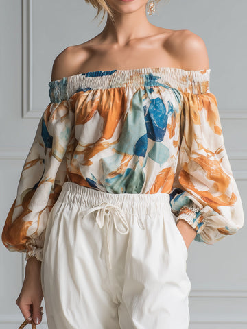 Off-Shoulder Floral Smocked Blouse