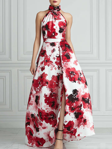 Elegant Halter Neck Watercolor Floral Print A-Line Maxi Dress