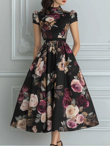 Vintage Black Rose Print High Neck Puff Sleeve Midi Dress