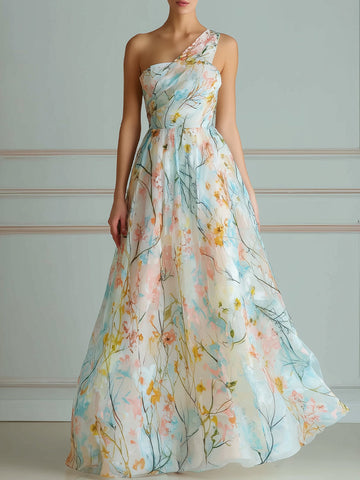 One-Shoulder Watercolor Floral A-Line Maxi Dress