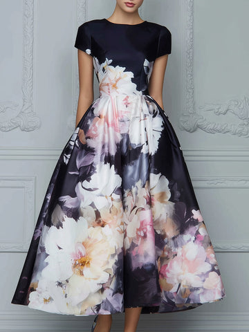 Floral Print Structured Cap Sleeve A-Line Midi Dress