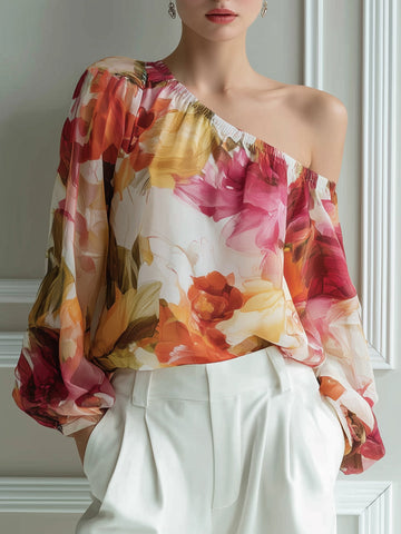 One-Shoulder Floral Sheer Sleeve Blouse