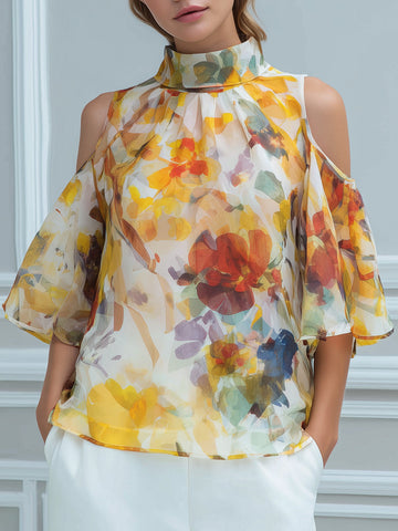High Neck Floral Cold-Shoulder Chiffon Blouse