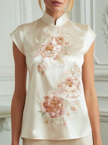 Mandarin Collar Floral Embroidered Cap Sleeve Blouse