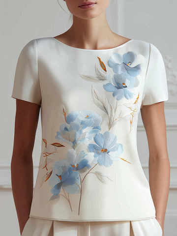 Floral Embroidered Short Sleeve Round Neck Blouse