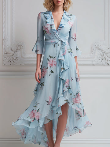 Floral Ruffle Wrap High-Low Chiffon Midi Dress