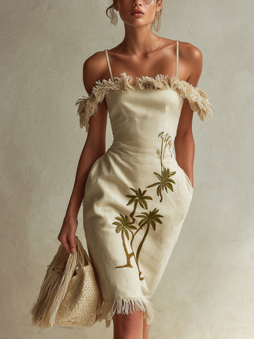 Beige Linen Embroidered Tassel Mini Dress