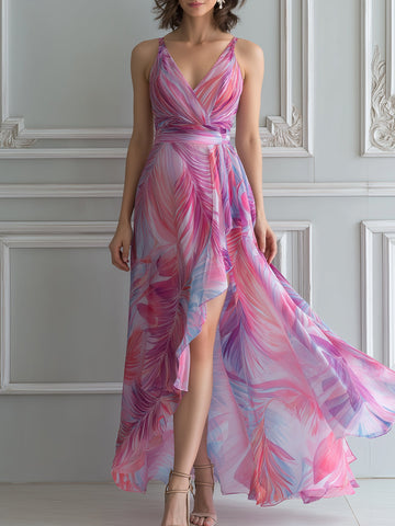 Fuchsia Tropical Leaf Print Chiffon Maxi Dress