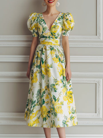 Yellow Floral Print Puff Sleeve V-Neck Midi Dress