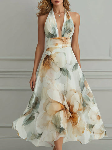 Halter Neck Floral Flowing Midi Dress