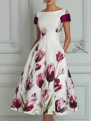 Elegant Floral Print Midi Tea Dress