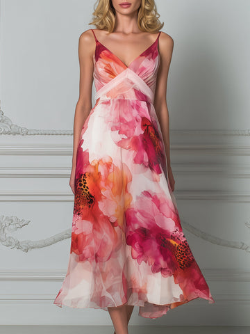 Spaghetti Strap Floral A-Line Midi Dress