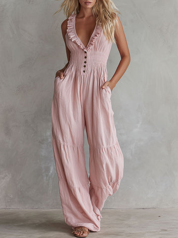 Casual Retro Ruffled Pink Sleeveless V-neck Button Cotton And Linen Jumpsuit